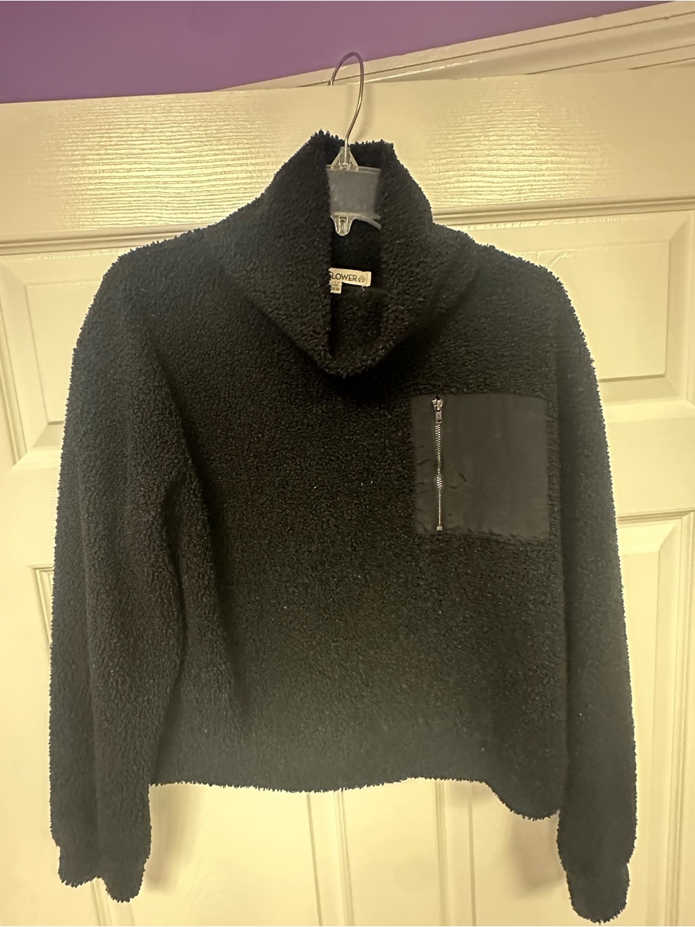 Wallflower Black Sherpa Cowl-Neck Pullover with Zip Pocket
